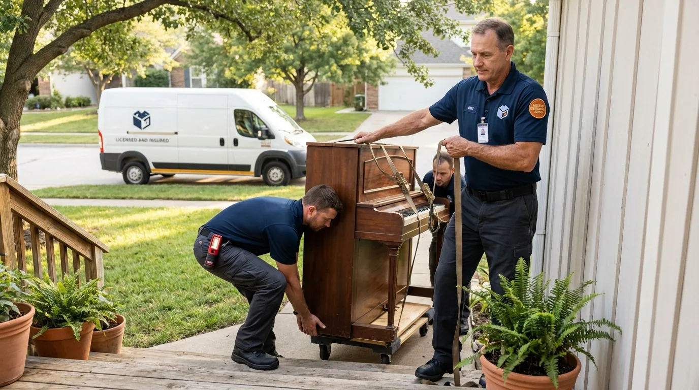 Licensed piano movers securing grand piano in Liberty Center, OH