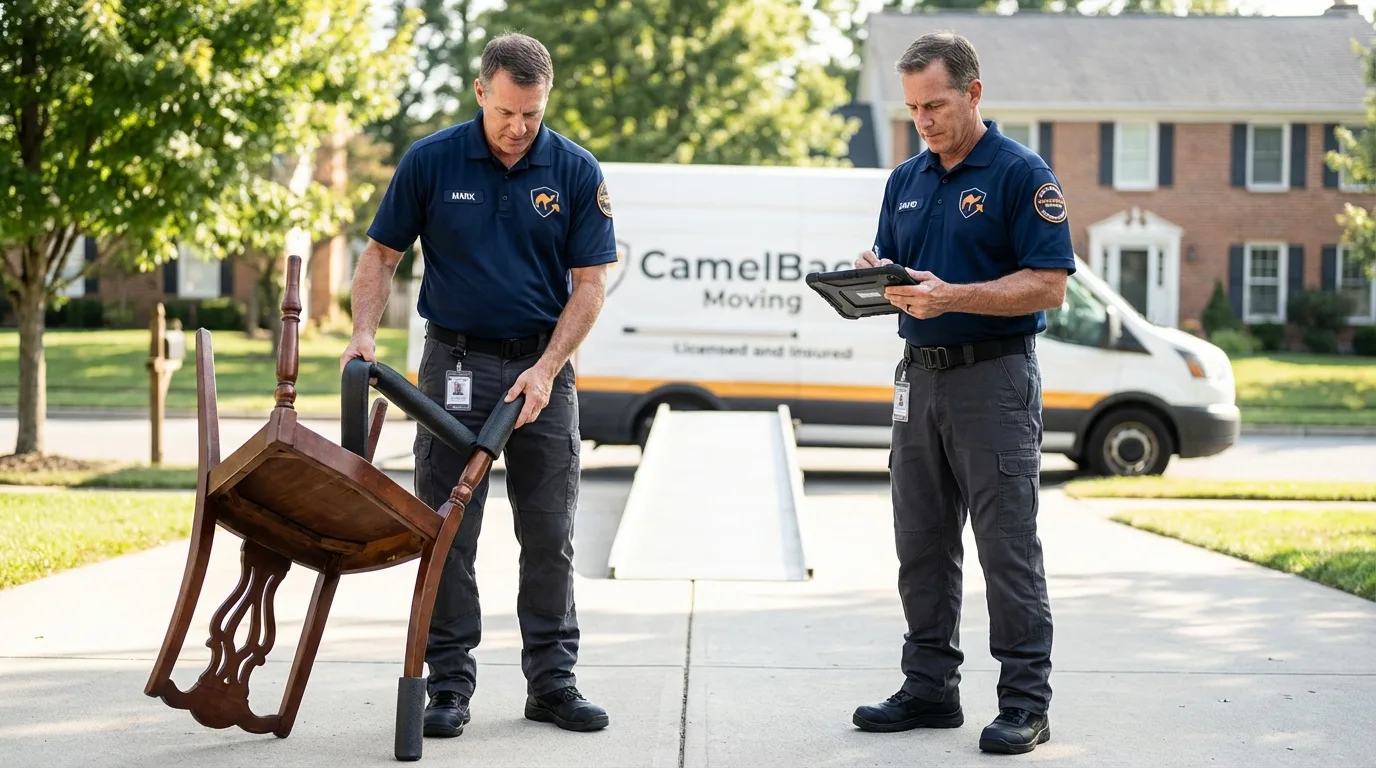 Movers inspecting furniture for damage prevention before loading in Liberty Center, OH
