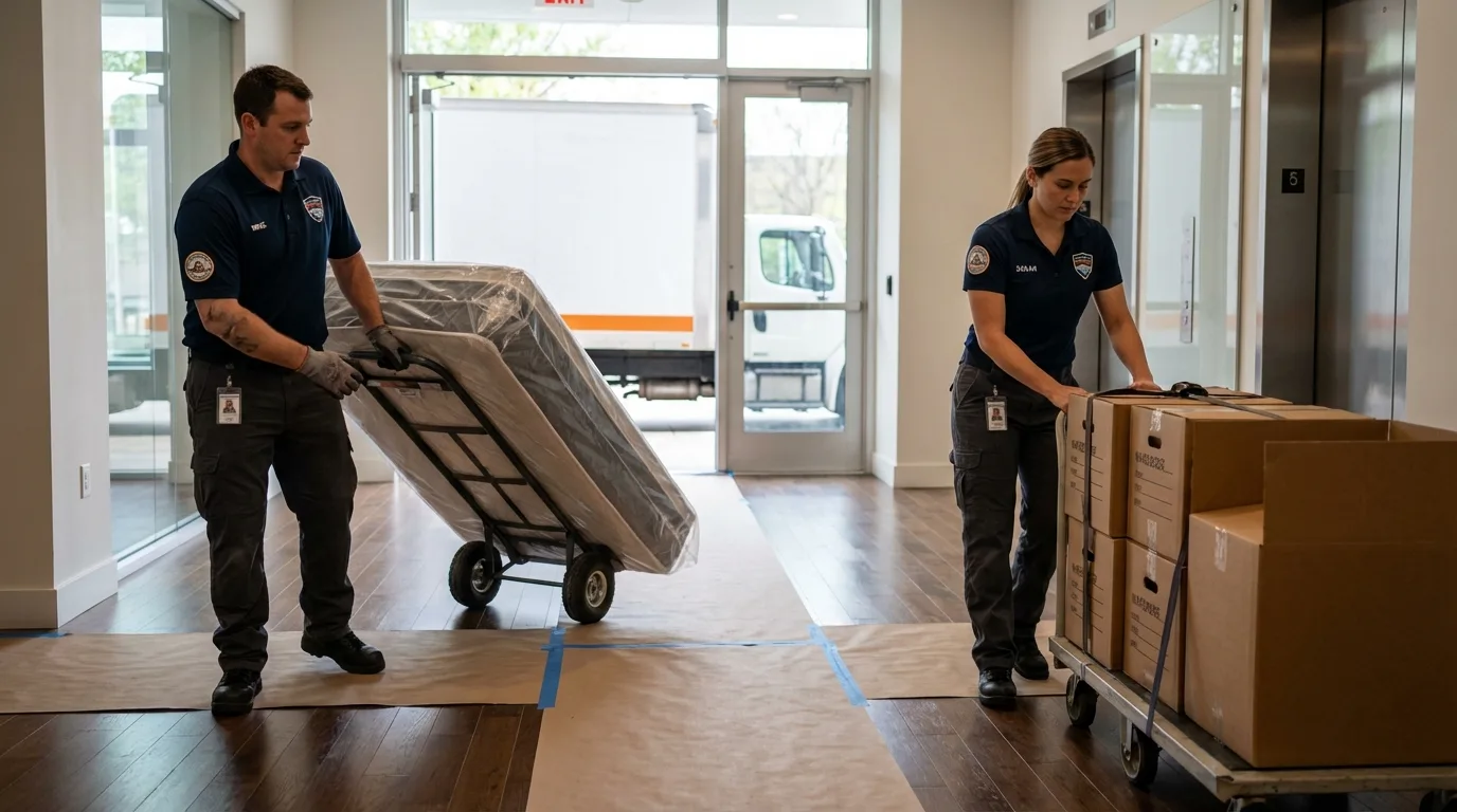 Professional apartment movers loading elevator in Liberty Center, OH