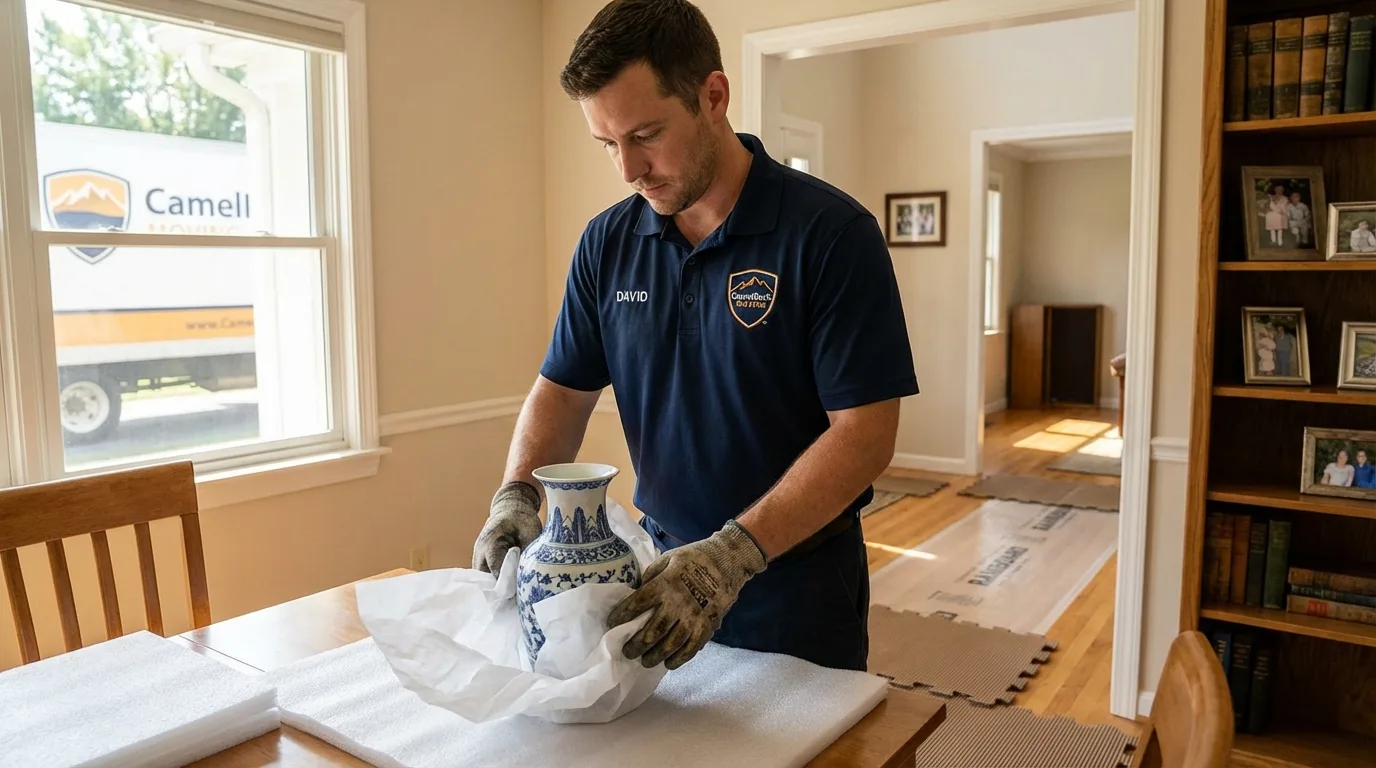 Professional crew carefully wrapping antique vase for senior downsizing move in Liberty Center, OH